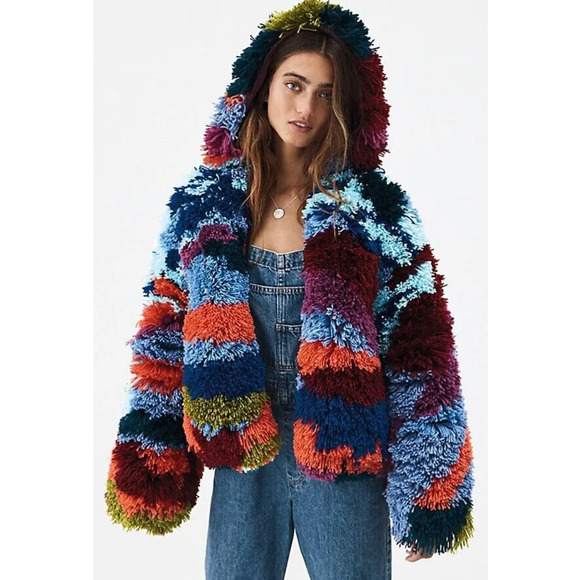 Free People Jackets & Blazers - Free People Paint By Numbers Coat Fuzzy-Fringe Hooded Multicolor Women’s L NWT